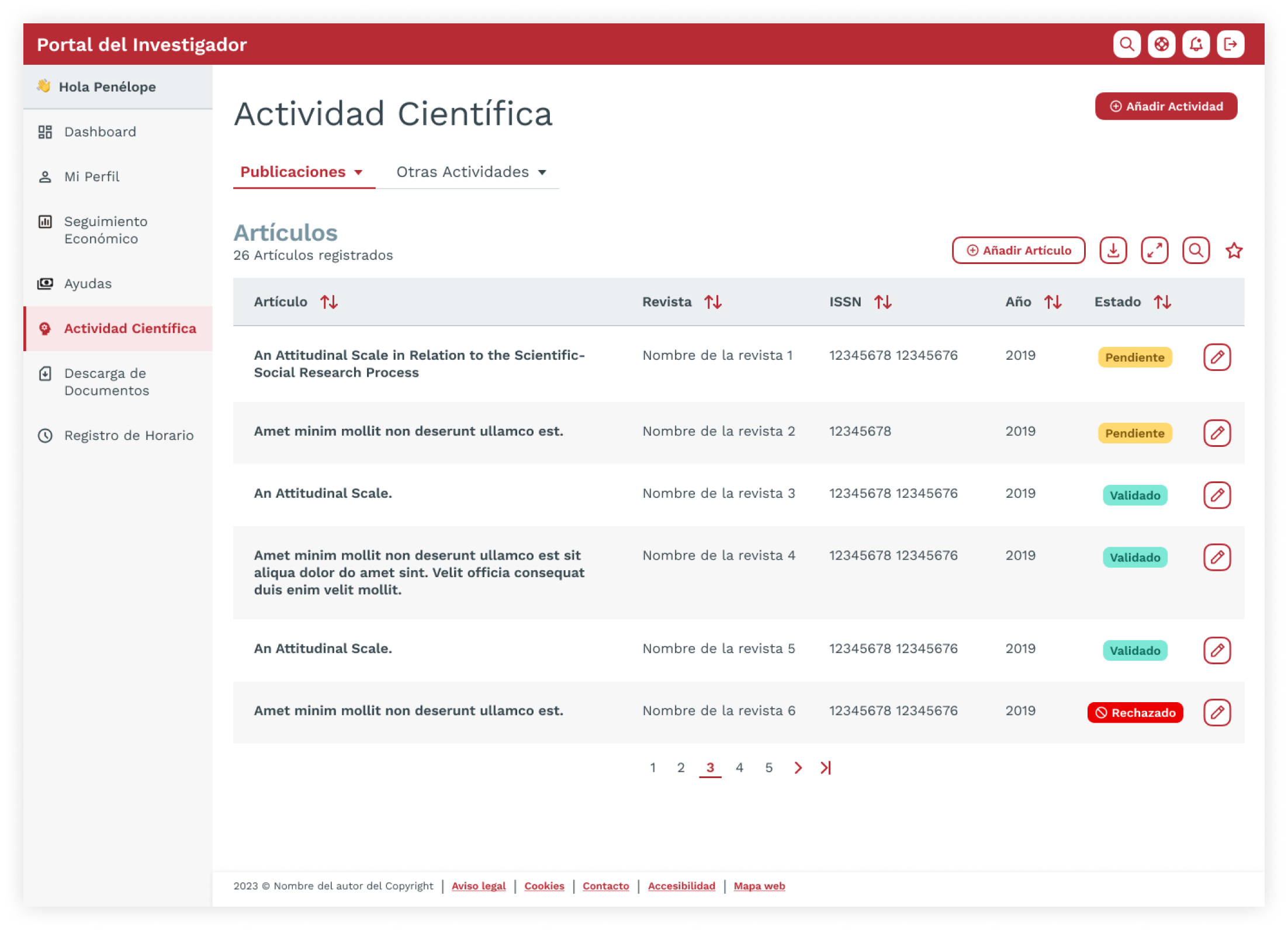 Mockup del listado de actividad científica