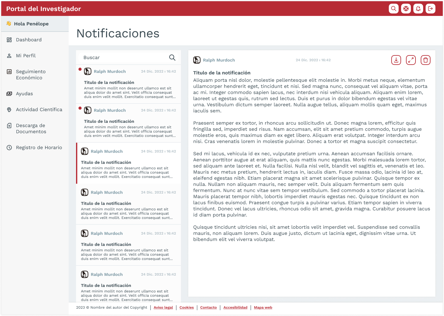 Mockup de la página de notificaciones