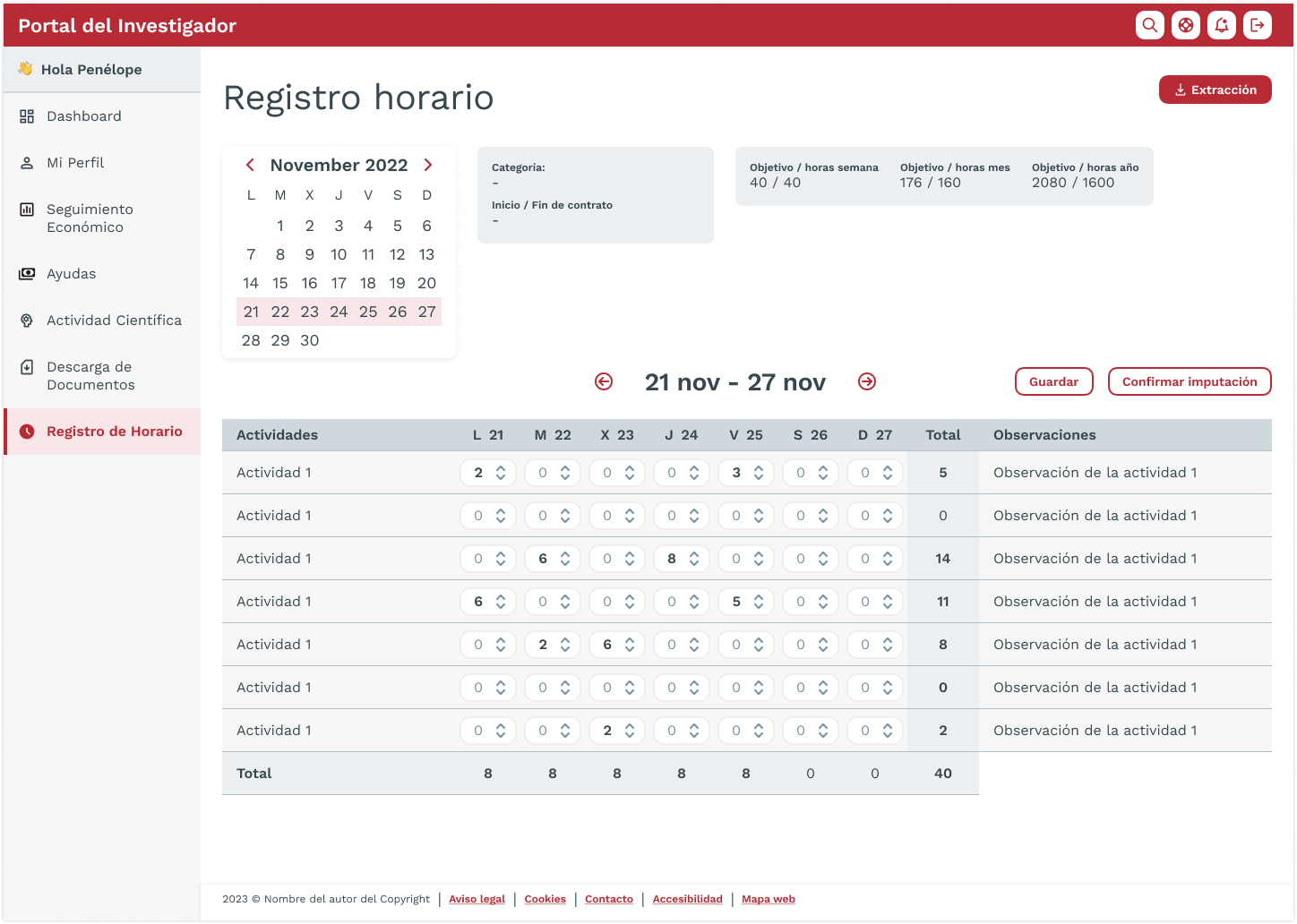 Mockup de la página de registro horario