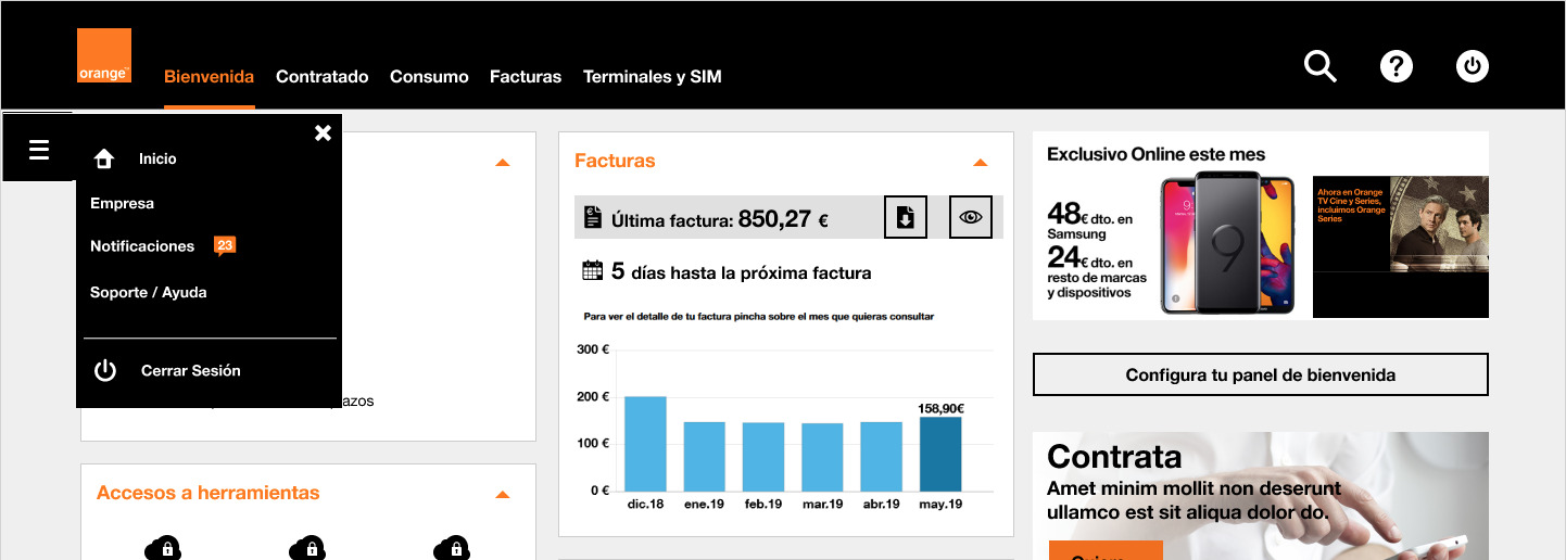 Mockup del menú de usuario en versión escritorio