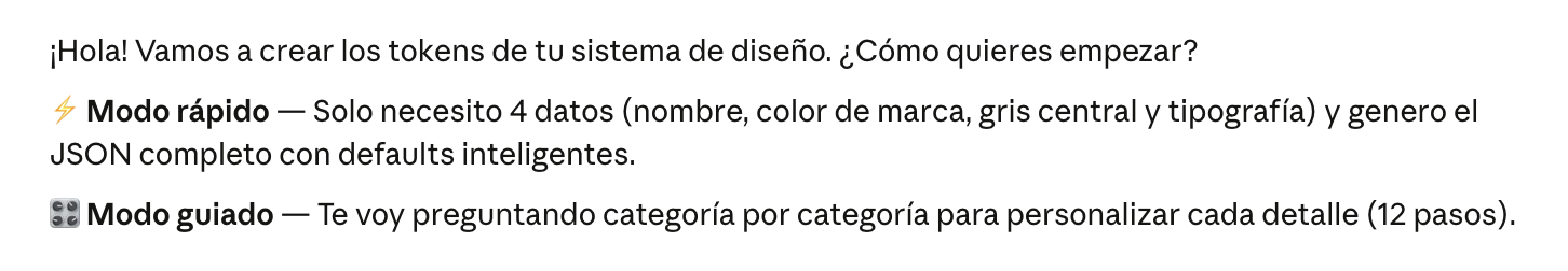 Mensaje de bienvenida de la skill Design-tokens